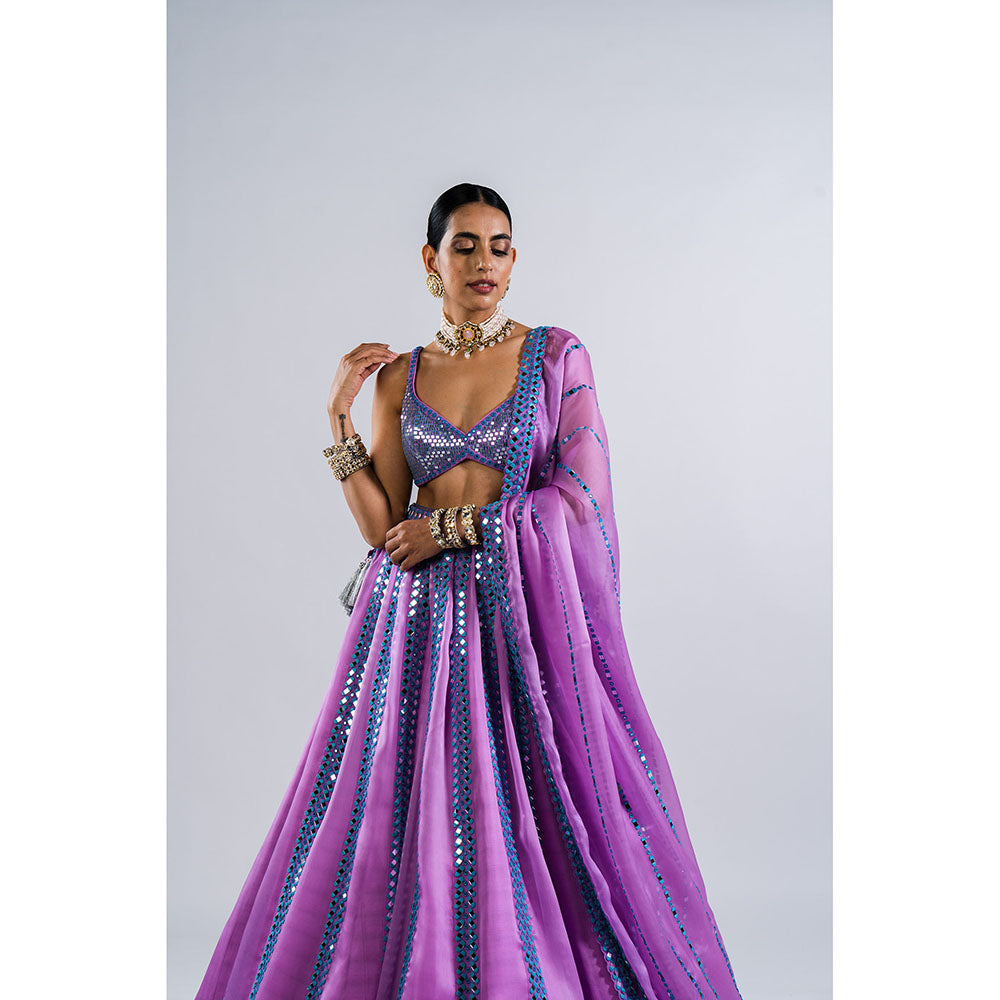 Vvani by Vani Vats Lavender Mirror Seam Lehenga with Metallic Blouse & Dupatta (Set of 3)