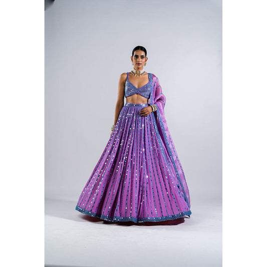 Vvani by Vani Vats Lavender Linear Drop Lehenga with Metallic Blouse & Dupatta (Set of 3)