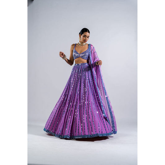 Vvani by Vani Vats Lavender Linear Drop Lehenga with Metallic Blouse & Dupatta (Set of 3)