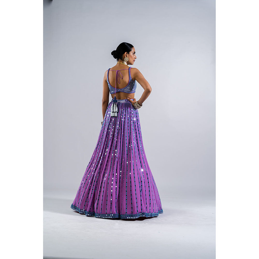 Vvani by Vani Vats Lavender Linear Drop Lehenga with Metallic Blouse & Dupatta (Set of 3)