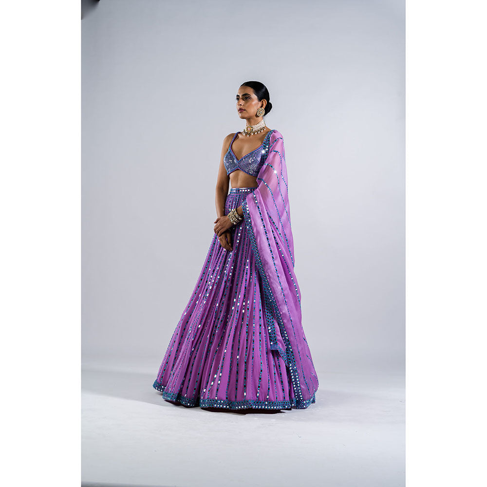 Vvani by Vani Vats Lavender Linear Drop Lehenga with Metallic Blouse & Dupatta (Set of 3)