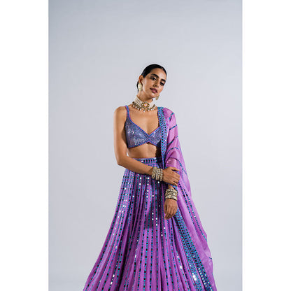 Vvani by Vani Vats Lavender Linear Drop Lehenga with Metallic Blouse & Dupatta (Set of 3)