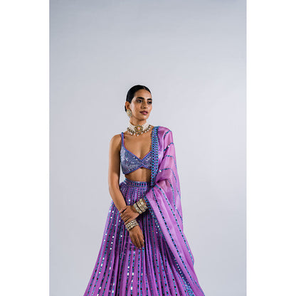 Vvani by Vani Vats Lavender Linear Drop Lehenga with Metallic Blouse & Dupatta (Set of 3)