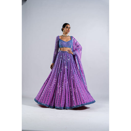 Vvani by Vani Vats Lavender Linear Drop Blouse with Lehenga & Dupatta (Set of 3)