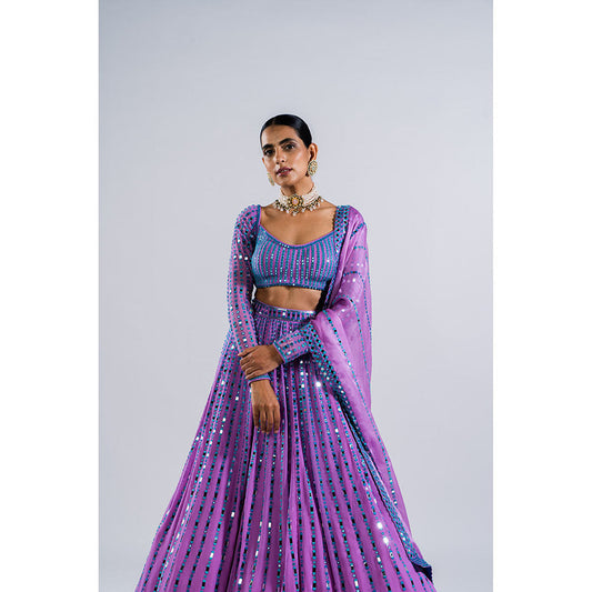 Vvani by Vani Vats Lavender Linear Drop Blouse with Lehenga & Dupatta (Set of 3)