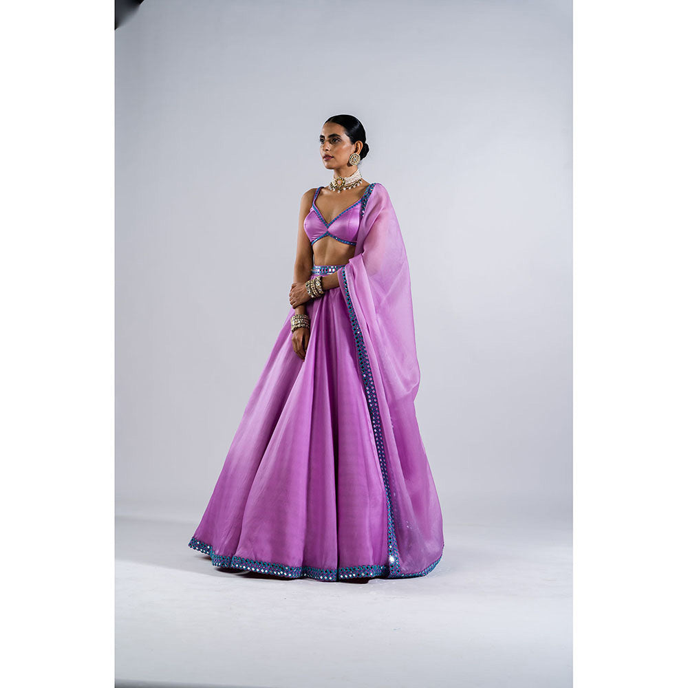 Vvani by Vani Vats Lavender Satin Organza Blouse with Lehenga & Dupatta (Set of 3)