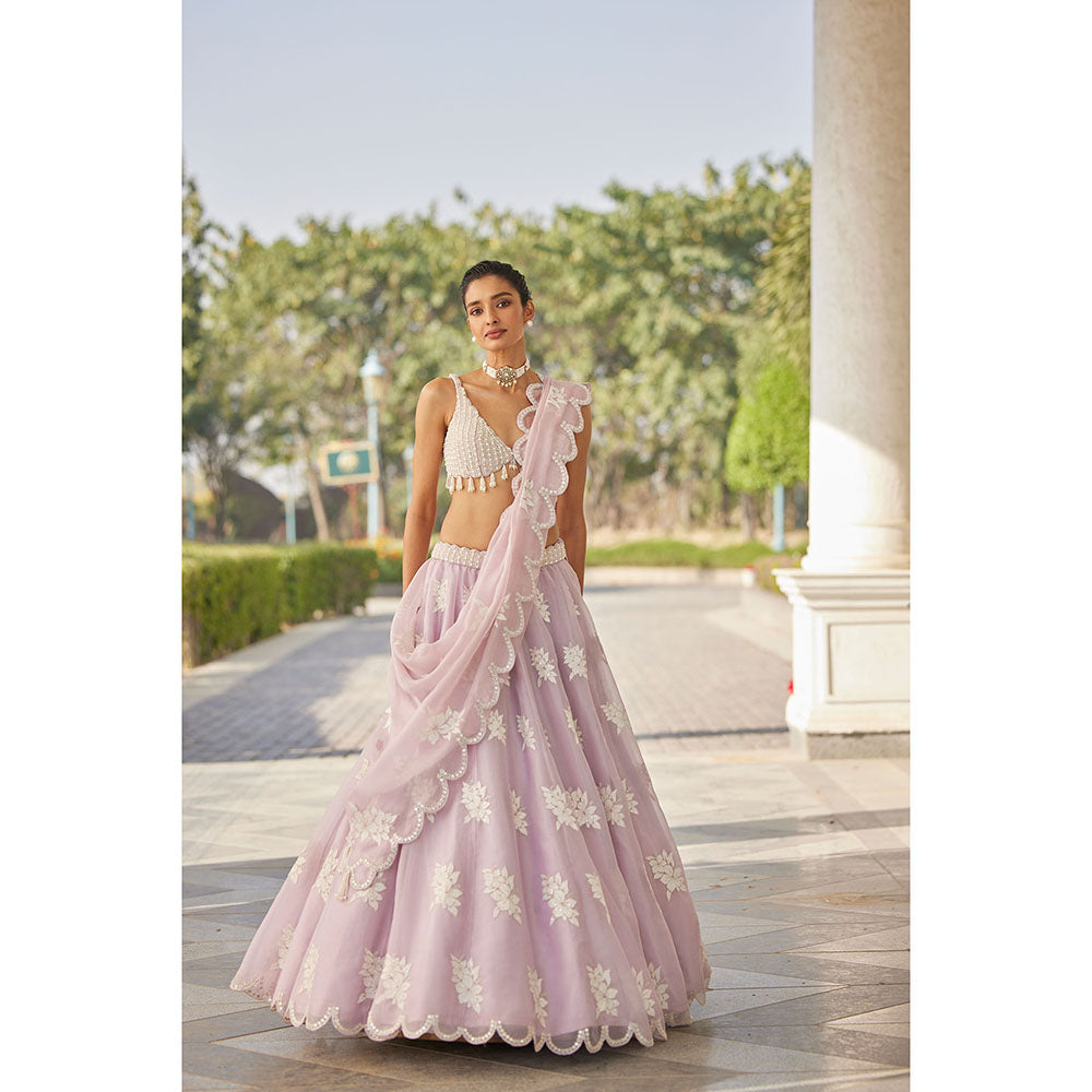 Vvani by Vani Vats Powder Lilac Flower Blouse with Lehenga & Dupatta (Set of 3)