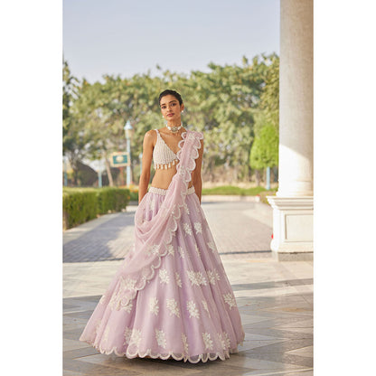 Vvani by Vani Vats Powder Lilac Flower Blouse with Lehenga & Dupatta (Set of 3)