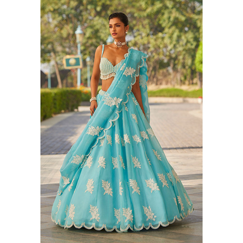 Vvani by Vani Vats Blue Flower Blouse with Lehenga & Dupatta (Set of 3)