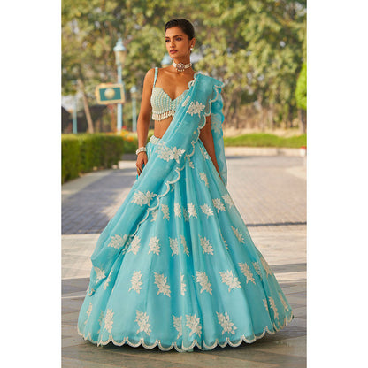 Vvani by Vani Vats Blue Flower Blouse with Lehenga & Dupatta (Set of 3)