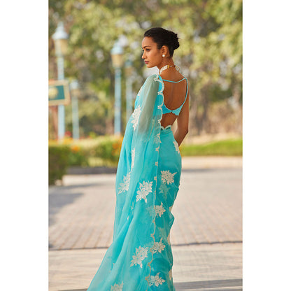 Vvani by Vani Vats Blue Flower Saree & Stitched Blouse