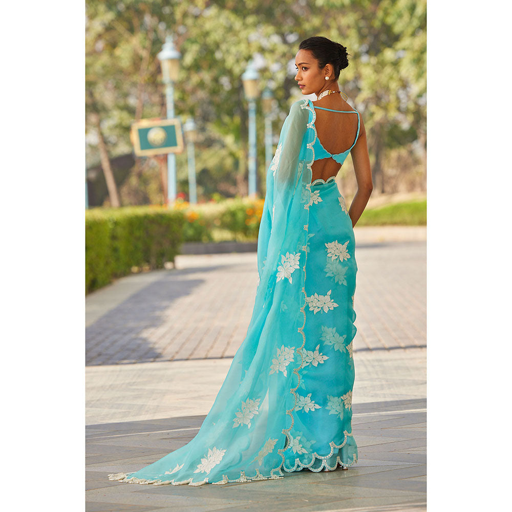 Vvani by Vani Vats Blue Flower Saree & Stitched Blouse