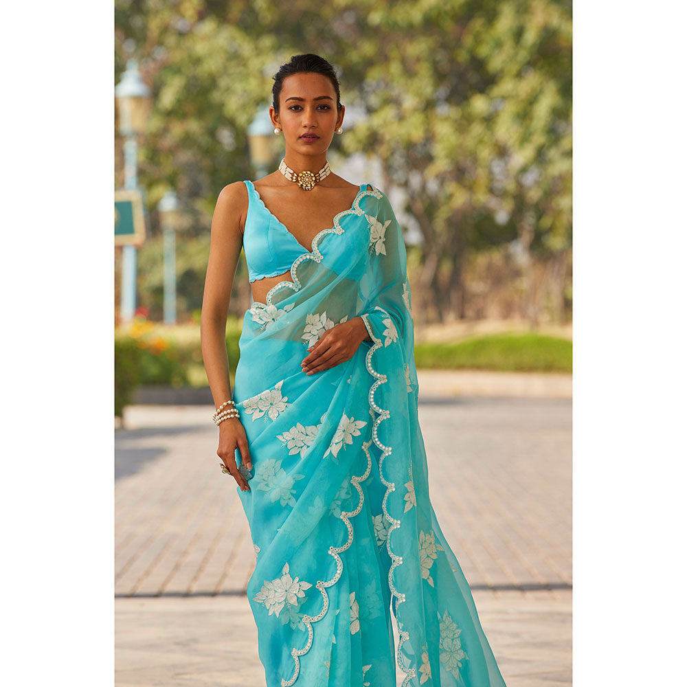 Vvani by Vani Vats Blue Flower Saree & Stitched Blouse