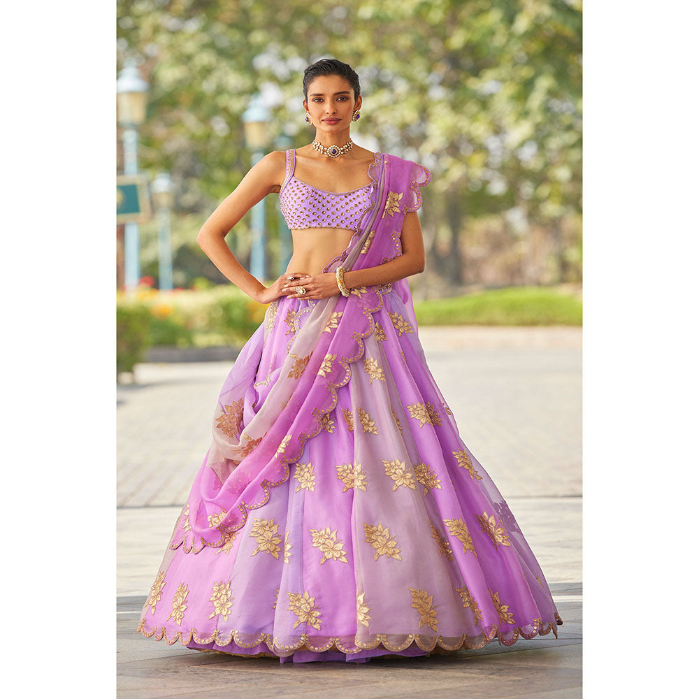Vvani by Vani Vats Lavender Flower Blouse with Lehenga & Dupatta (Set of 3)