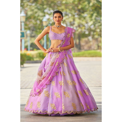 Vvani by Vani Vats Lavender Flower Blouse with Lehenga & Dupatta (Set of 3)