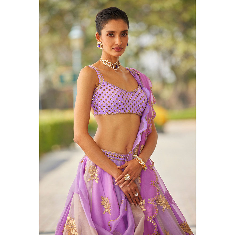 Vvani by Vani Vats Lavender Flower Blouse with Lehenga & Dupatta (Set of 3)