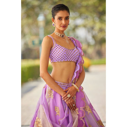 Vvani by Vani Vats Lavender Flower Blouse with Lehenga & Dupatta (Set of 3)