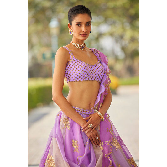 Vvani by Vani Vats Lavender Flower Blouse with Lehenga & Dupatta (Set of 3)