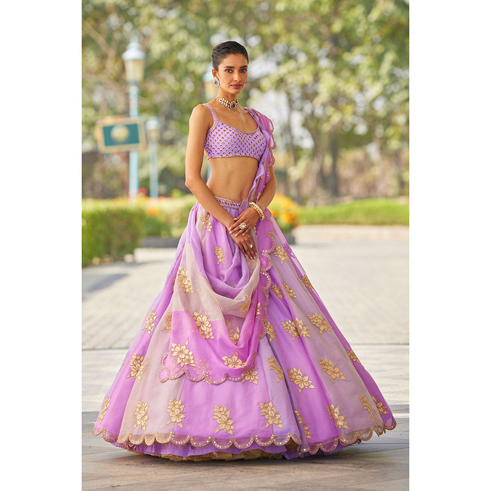 Vvani by Vani Vats Lavender Flower Blouse with Lehenga & Dupatta (Set of 3)