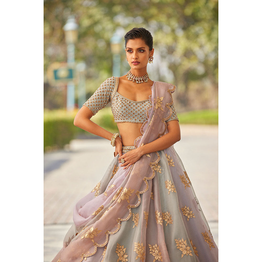 Vvani by Vani Vats Powder Grey Flower Blouse with Lehenga & Dupatta (Set of 3)