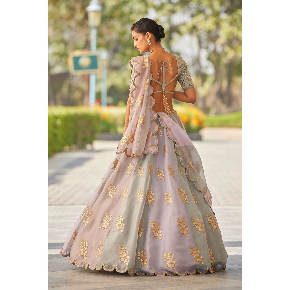 Vvani by Vani Vats Powder Grey Flower Blouse with Lehenga & Dupatta (Set of 3)