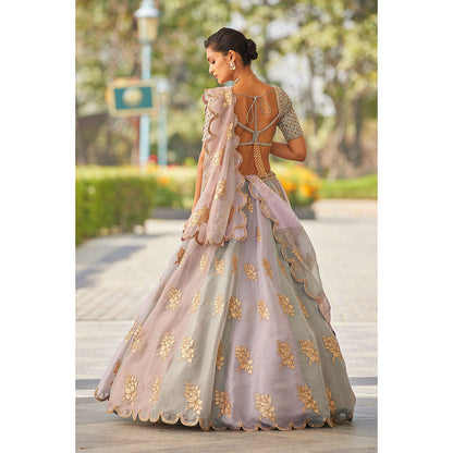 Vvani by Vani Vats Powder Grey Flower Blouse with Lehenga & Dupatta (Set of 3)