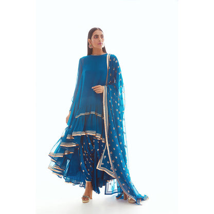 Vvani by Vani Vats Teal High Low Kurta with Dhoti & Inner (Set of 3)