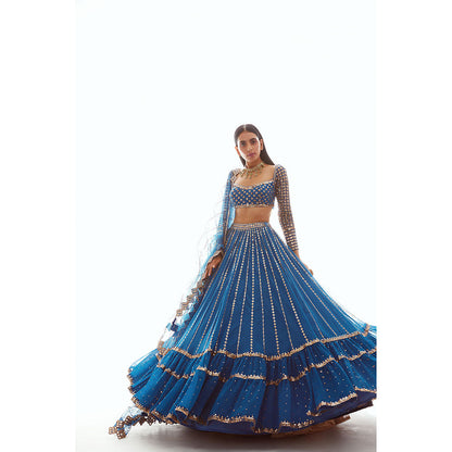 Vvani by Vani Vats Teal Linear Drop Blouse with Lehenga & Dupatta (Set of 3)
