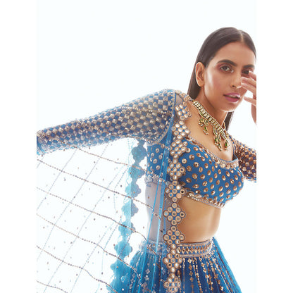 Vvani by Vani Vats Teal Linear Drop Blouse with Lehenga & Dupatta (Set of 3)