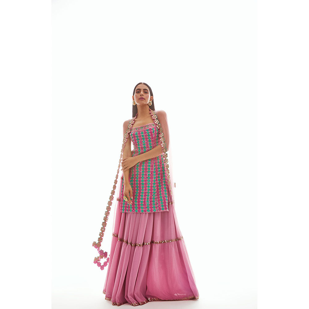 Vvani by Vani Vats Onion Pink Applique Kurti with Sharara & Dupatta (Set of 3)