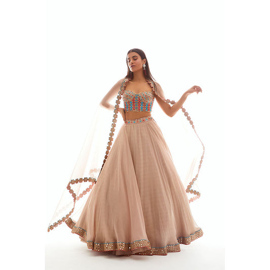 Vvani by Vani Vats Beige Applique Corset Blouse with Lehenga & Dupatta (Set of 3)