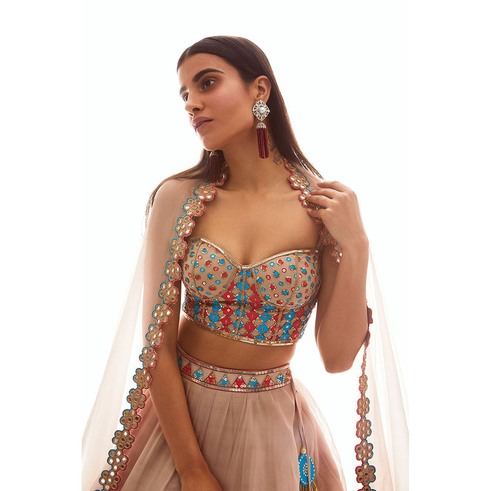Vvani by Vani Vats Beige Applique Corset Blouse with Lehenga & Dupatta (Set of 3)