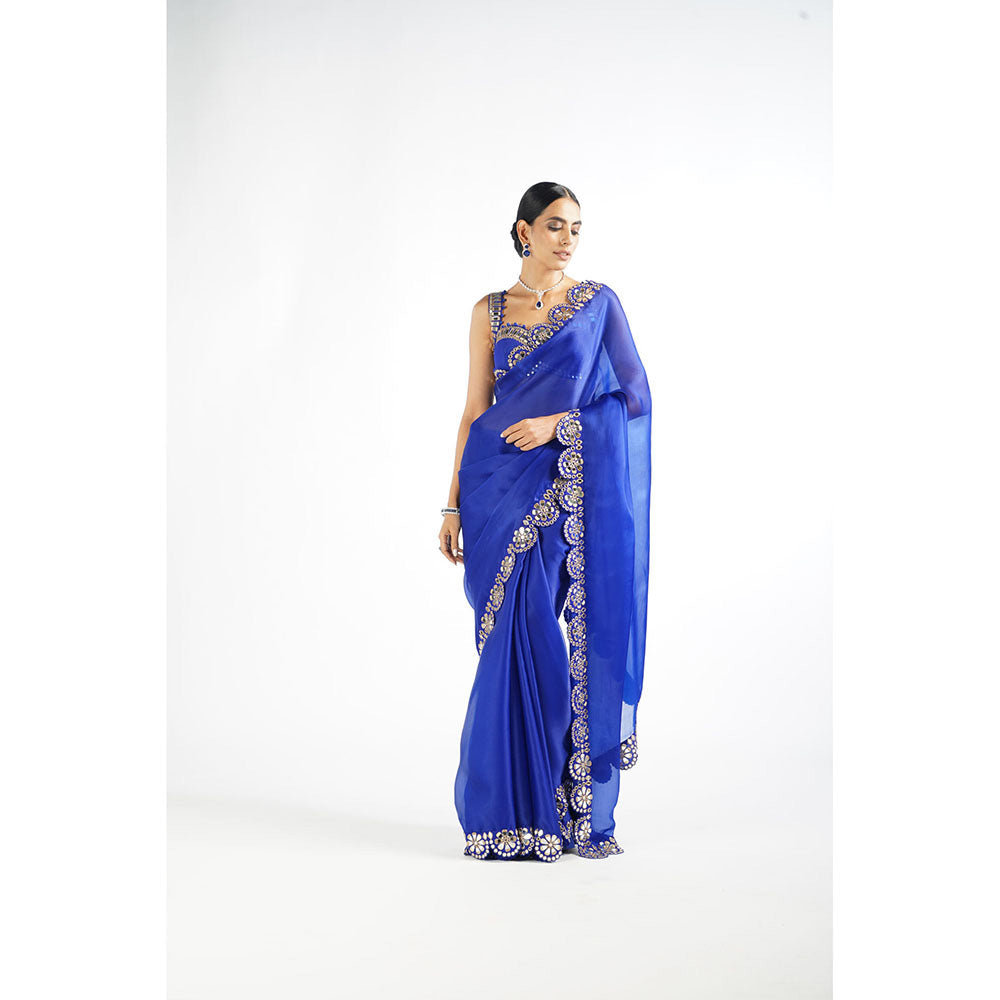 Vvani by Vani Vats Royal Blue Mirror Scallop Saree & Stitched Blouse