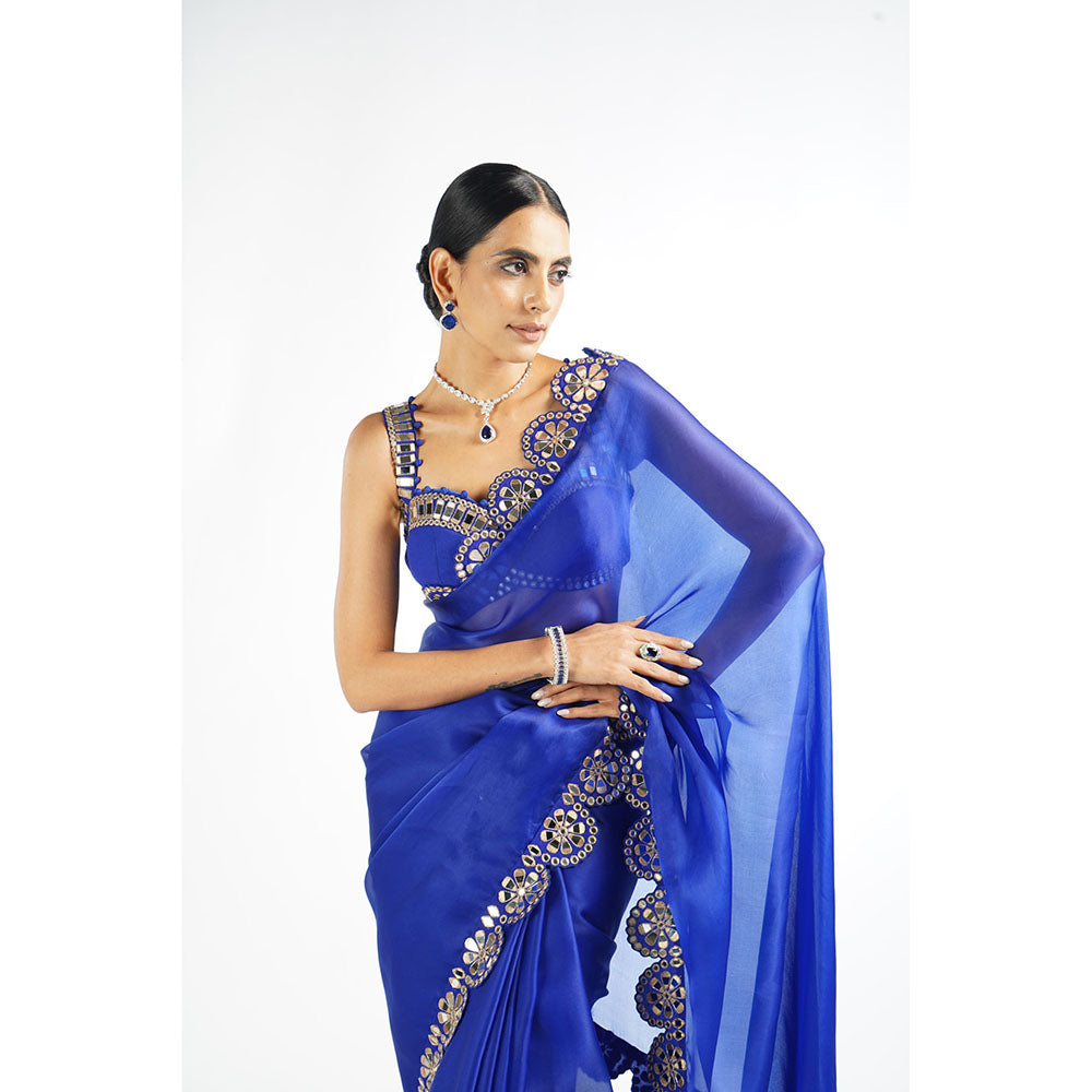 Vvani by Vani Vats Royal Blue Mirror Scallop Saree & Stitched Blouse