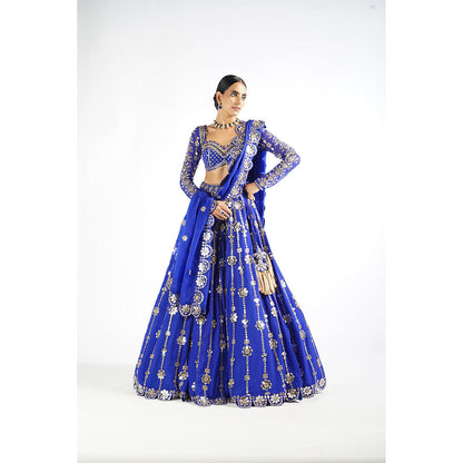 Vvani by Vani Vats Royal Blue Big Flower Linear Blouse with Lehenga & Dupatta (Set of 3)
