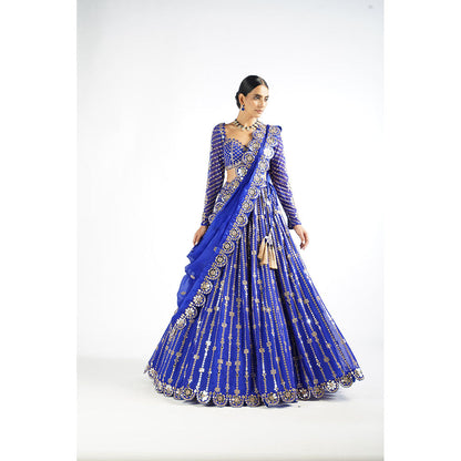 Vvani by Vani Vats Royal Blue Small Flower Linear Blouse with Lehenga & Dupatta (Set of 3)