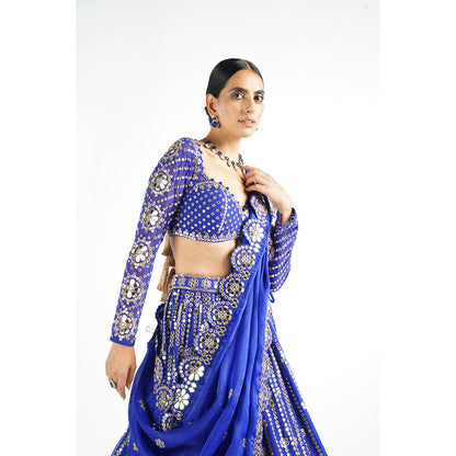 Vvani by Vani Vats Royal Blue Small Flower Linear Blouse with Lehenga & Dupatta (Set of 3)
