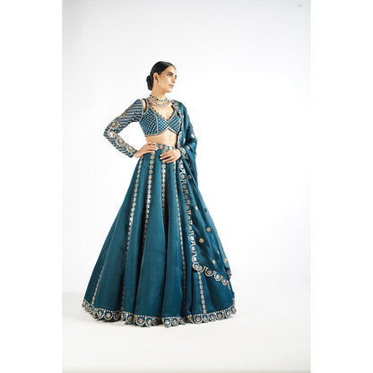 Vvani by Vani Vats Dark Teal Flower Linear Blouse with Lehenga & Dupatta (Set of 3)