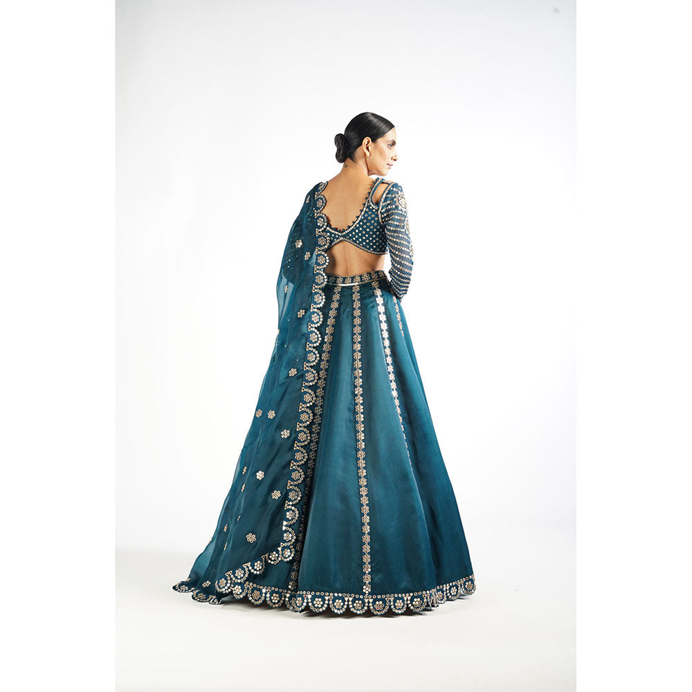 Vvani by Vani Vats Dark Teal Flower Linear Blouse with Lehenga & Dupatta (Set of 3)