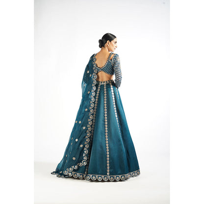 Vvani by Vani Vats Dark Teal Flower Linear Blouse with Lehenga & Dupatta (Set of 3)