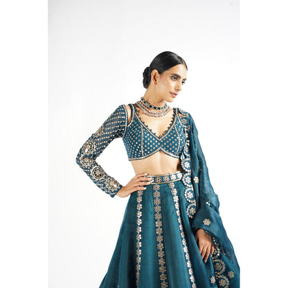 Vvani by Vani Vats Dark Teal Flower Linear Blouse with Lehenga & Dupatta (Set of 3)
