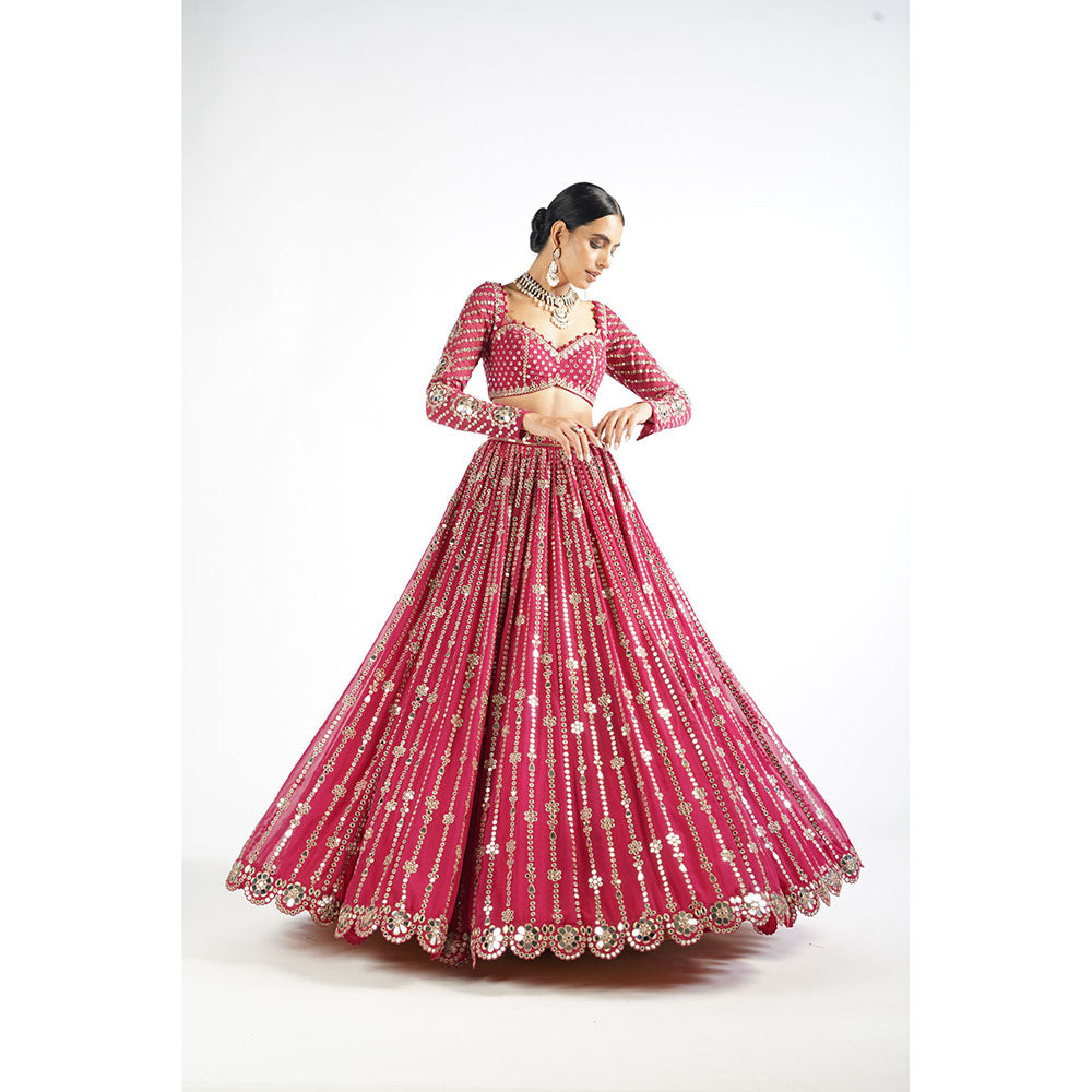 Vvani by Vani Vats Mellow Pink Small Flower Linear Blouse with Lehenga & Dupatta (Set of 3)
