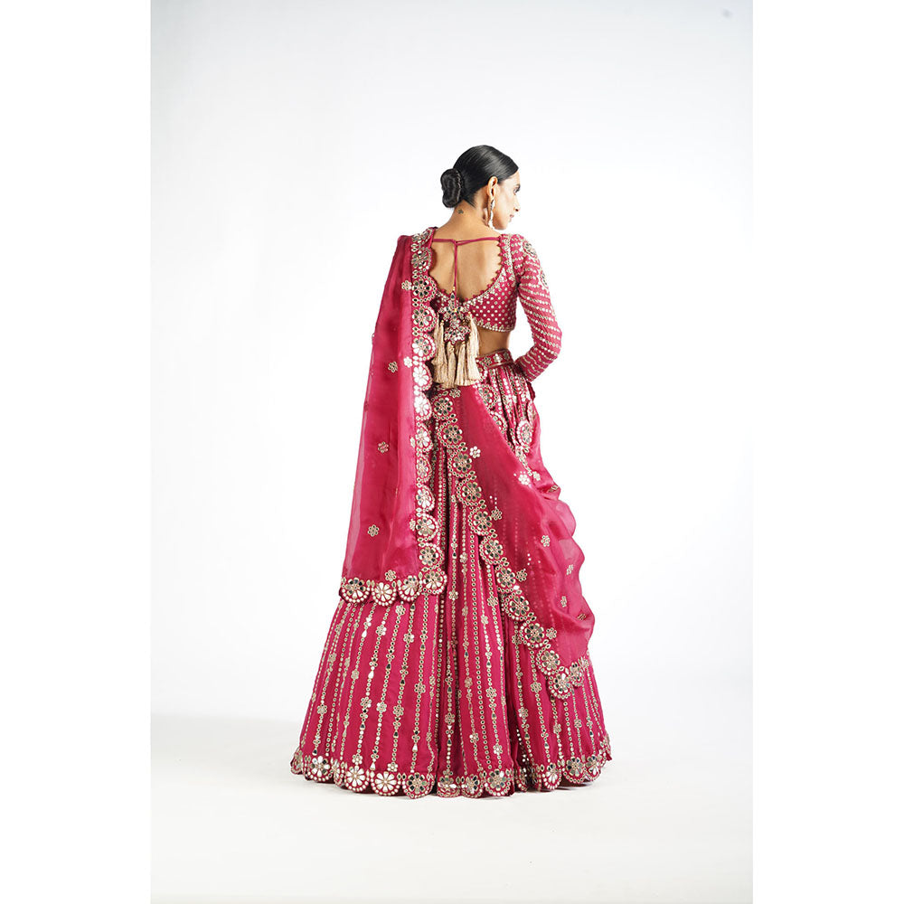 Vvani by Vani Vats Mellow Pink Small Flower Lehenga with Blouse & 2 Dupatta's (Set of 4)