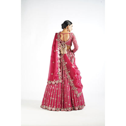 Vvani by Vani Vats Mellow Pink Small Flower Lehenga with Blouse & 2 Dupatta's (Set of 4)
