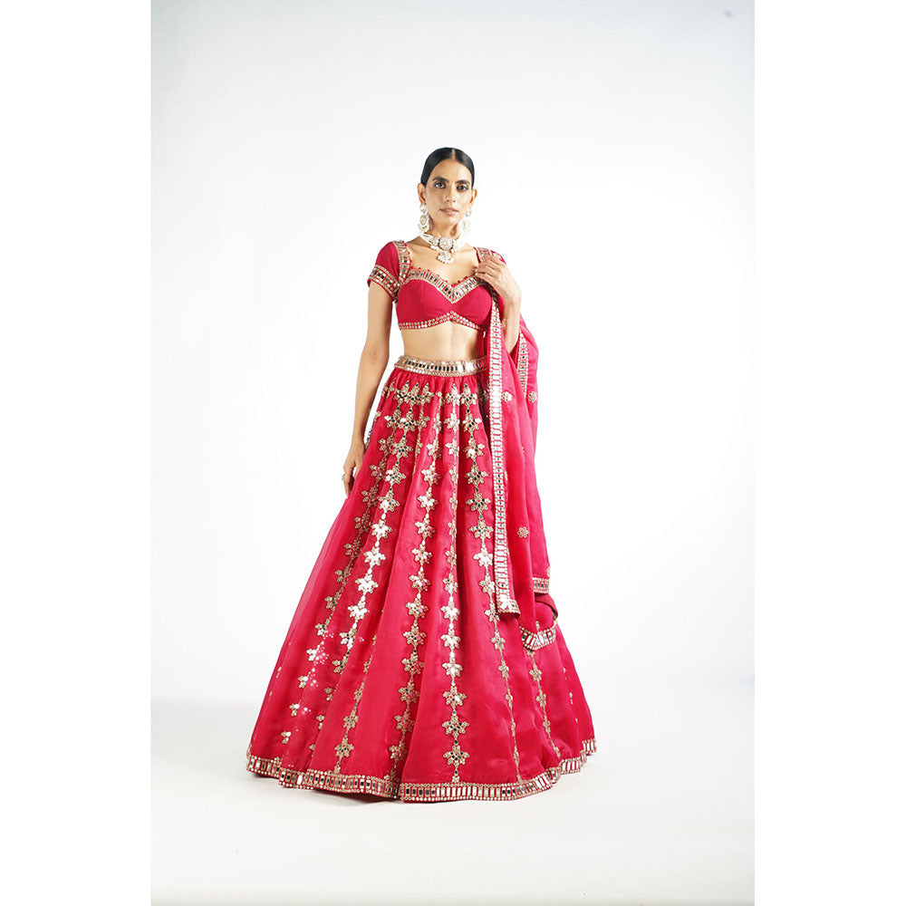 Vvani by Vani Vats Crimson Red Chandelier Drop Blouse with Lehenga & Dupatta (Set of 3)