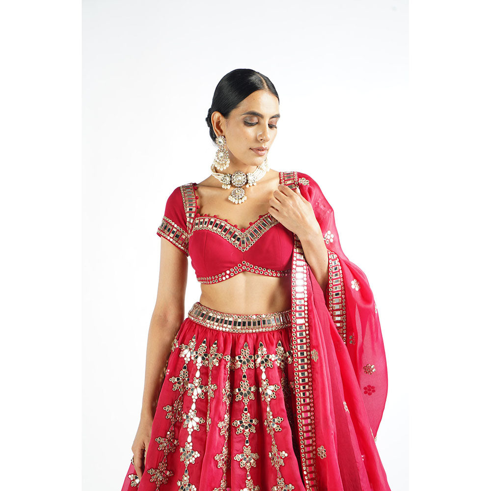 Vvani by Vani Vats Crimson Red Chandelier Drop Blouse with Lehenga & Dupatta (Set of 3)