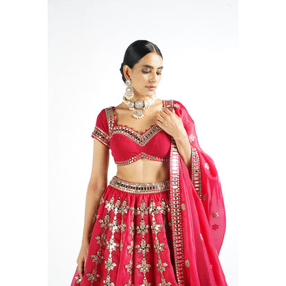 Vvani by Vani Vats Crimson Red Chandelier Drop Blouse with Lehenga & Dupatta (Set of 3)