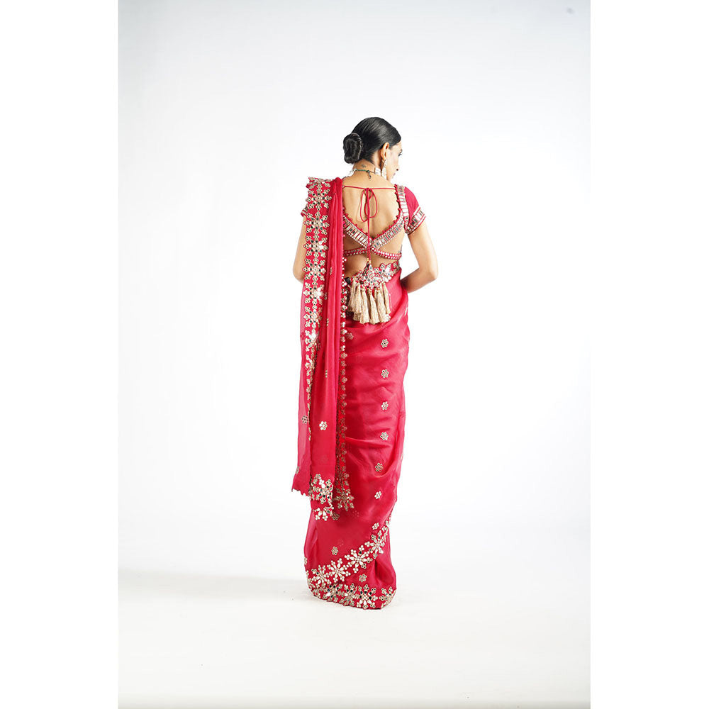 Vvani by Vani Vats Crimson Red Mirror Work Saree & Stitched Blouse