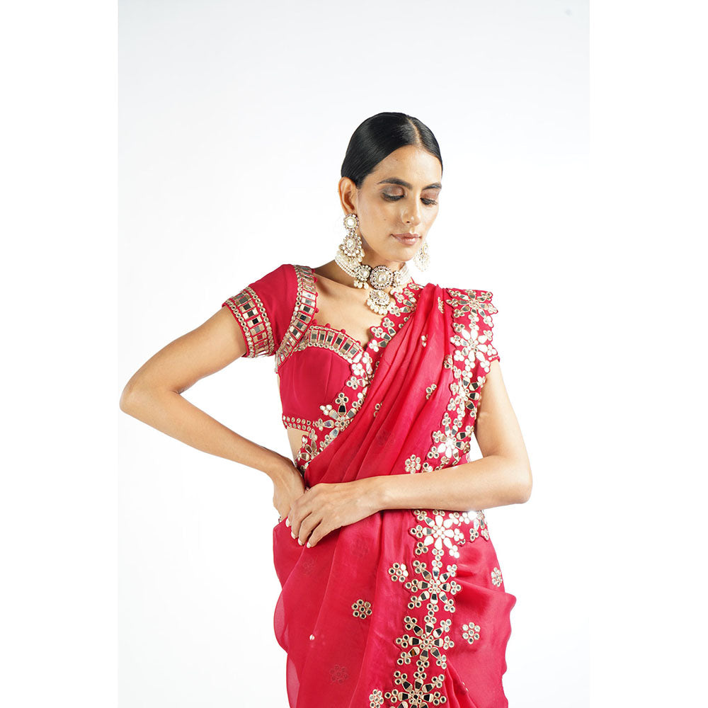 Vvani by Vani Vats Crimson Red Mirror Work Saree & Stitched Blouse