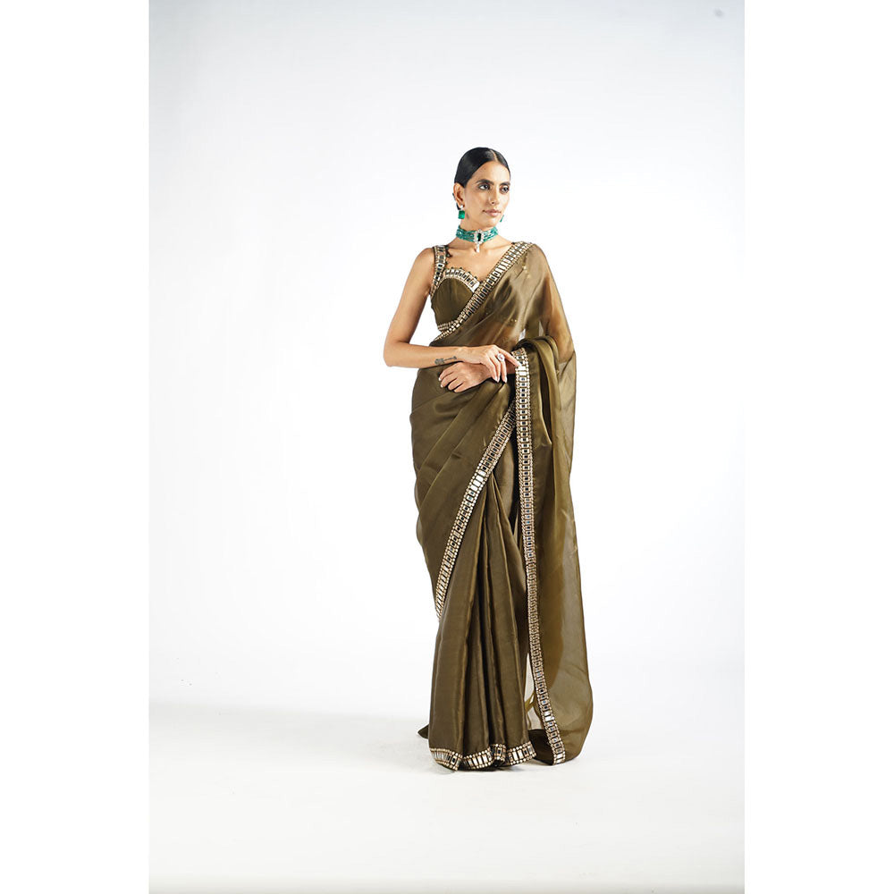 Vvani by Vani Vats Olive Green Mirror Work Saree & Stitched Blouse